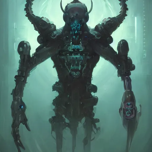 Image similar to a portrait of a sinister cybernetic duke of hell, cyberpunk concept art by pete mohrbacher and seb mckinnon and beksinski and josan gonzales, digital art, highly detailed, intricate, sci-fi, sharp focus, Trending on Artstation HQ, deviantart, unreal engine 5, 4K UHD image