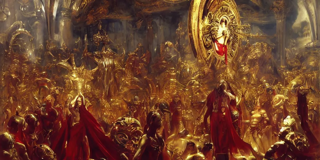 Image similar to beautiful oil painting, high details, alien in royal crimson robes enthroned as the alien god emperor of ancient civilization surrounded by servants in gilded halls a golden wreath upon his head, by anders zorn, wonderful masterpiece by greg rutkowski, beautiful cinematic light, american romanticism, by giger, rolf armstrong, ernie barnes