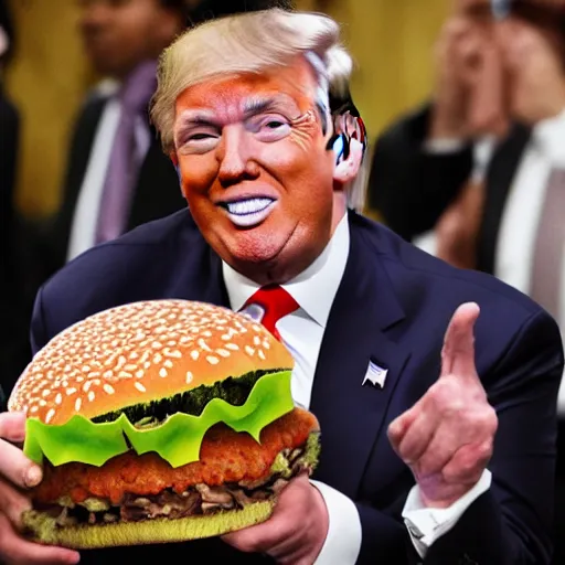 Image similar to a photo of donald trump eating the biggest hamburger in the world