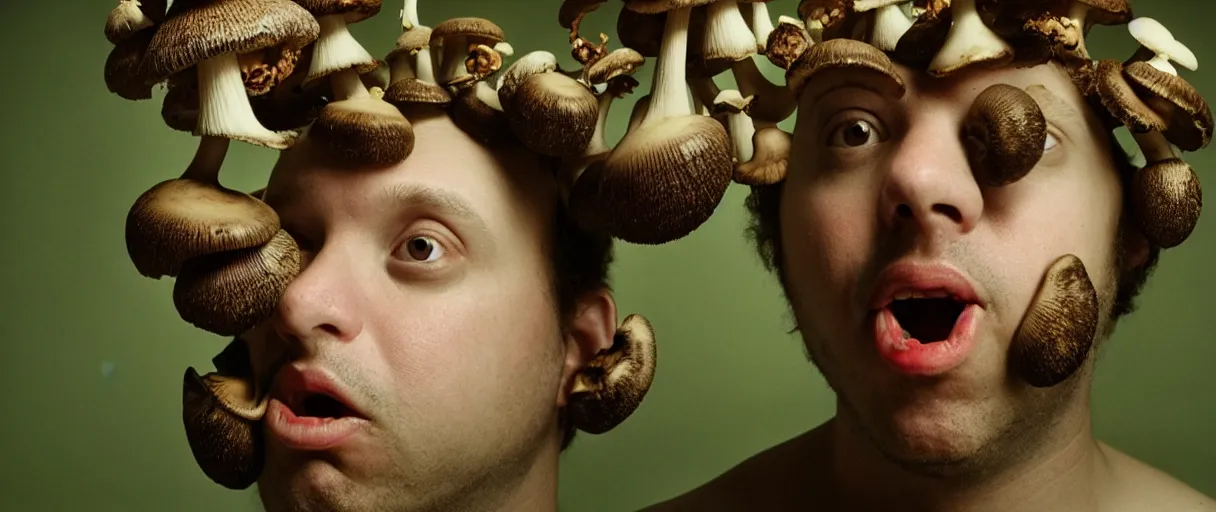 Prompt: award winning photo of a todd solondz charles thompson iv eating a mushrooms and becoming nature, sad, symmetrical face, beautiful eyes, studio lighting, wide shot art by sally mann & arnold newman