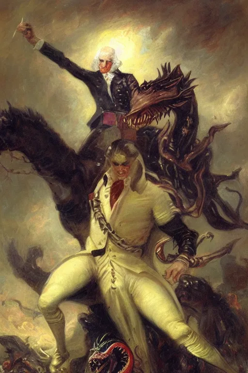 Prompt: george washington infected by the venom symbiote. art by gaston bussiere.