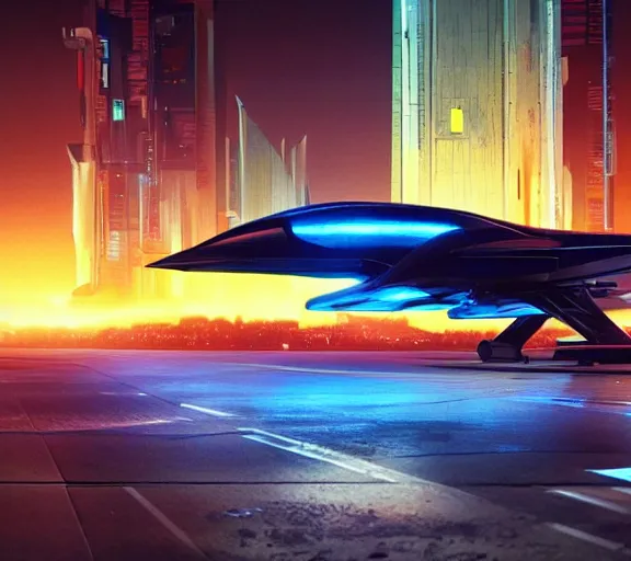 Image similar to futuristic sci fi jet lands at runway of cyberpunk city, night photo ,dark cinematic lighting , digital concept art, bladerunner 2049