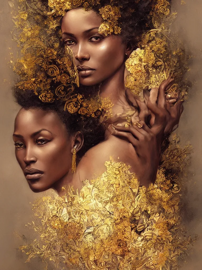 Prompt: African woman, flowers, dark pastel color scheme, jugendstil background, gold filigree, by karol bak, by emil melmoth, by Daniel Gerhartz, intricate, highly detailed, digital painting, artstation, concept art, smooth, sharp focus, illustration