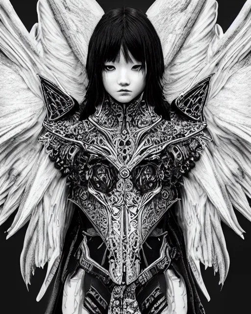 Image similar to Detailed portrait of the strangest angel, black and white armor, unique design, by Yun Taek Oh, fine details, pretty face, beautiful violet eyes, inside a palace, perfect, colorful background, 8k high detail, intricate, sharp focus, masterpiece, trending on artstation