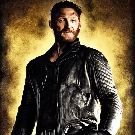 Prompt: Tom Hardy as wolverine in Black Damaged leather suit Digital art 4K quality