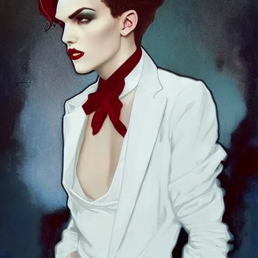 Image similar to beautiful portrait of androgynous ruby rose as desire from sandman in a white tuxedo!!!, rockabilly style, by alphonse mucha, cedric peyravernay, by jeremy mann, by frank moth, white suit and black tie, soft lightning, high detailed, 8 k