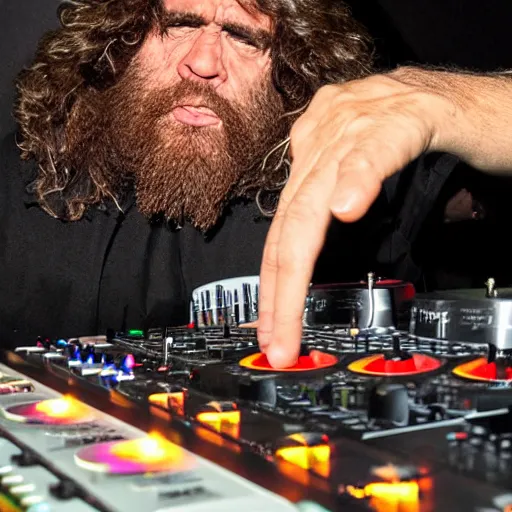 Image similar to a caveman on the dj decks