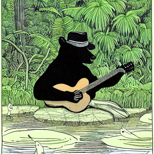 Image similar to a bear wearing a black hat, sitting in a pond in a lush jungle playing a guitar, drawing by moebius