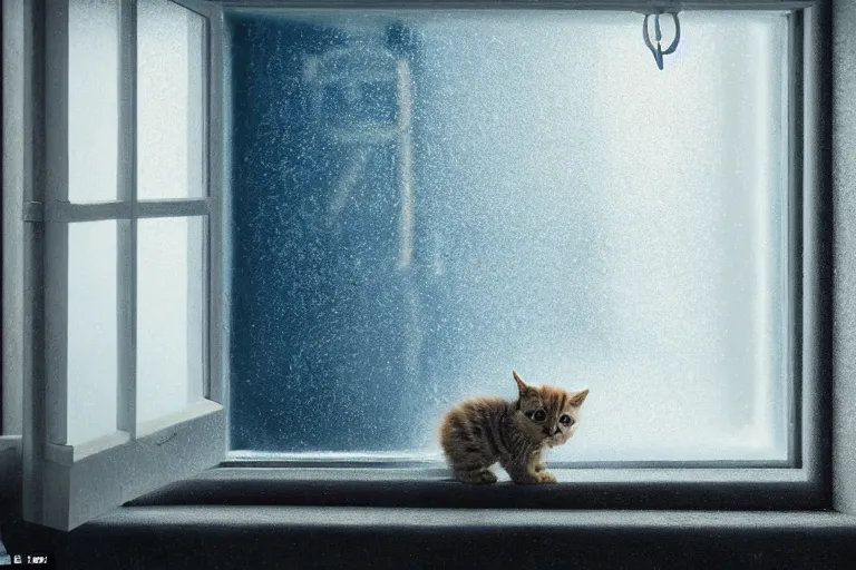 Prompt: a cinematic painting of an kitten inside of jail cell looking out of a small frosted window, beautiful lighting, high depth, ultra realistic, artistic, by gregory crewdson, blue color theme