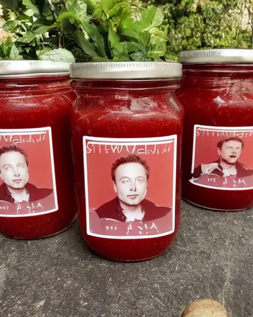 Image similar to elon musk!!! stuck!!! in a jar of strawberry jam