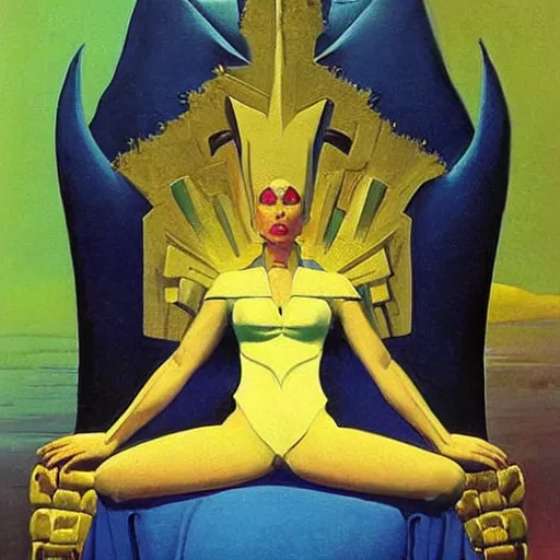Prompt: an oil painting of a queen in a thierry mugler dress sitting on a throne, by bruce pennington, by ( ( ( eyvind earle ) ) ), nicholas roerich!!, by frank frazetta, by georgia o keeffe, by dean cornwell!!!