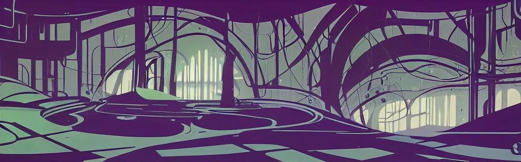 Image similar to 7 0 s sci - fi space station interior, retrofuturism, gouache, trees, animated film, stylised, illustration, by eyvind earle, scott wills, genndy tartakovski