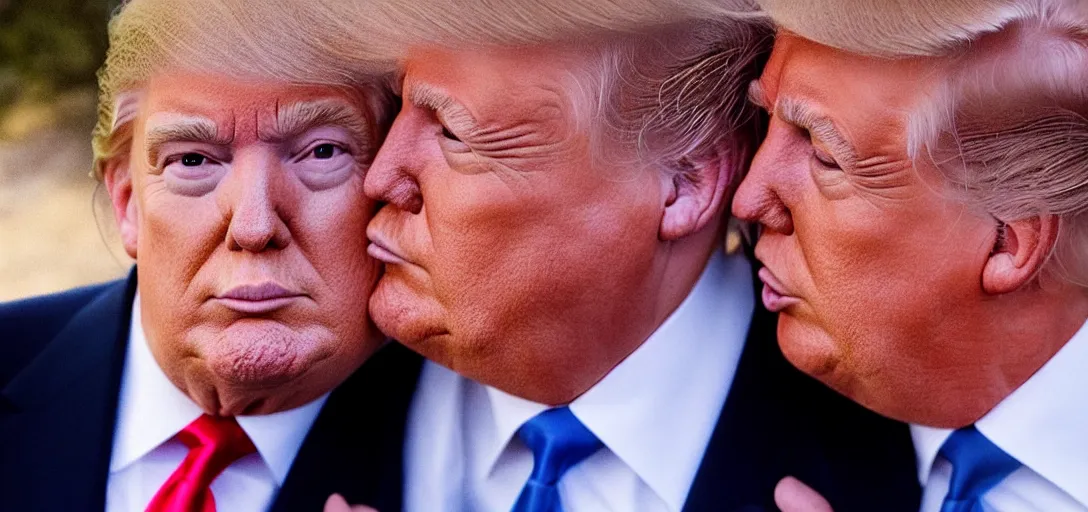 Image similar to beautiful high quality romantic portrait photo of donald trump kissing donald trump. hq. hdr. golden hour. donald trump and donald trump kissing on the lips. very high resolution. amazing lighting.