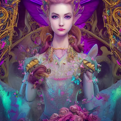 Image similar to portrait of princess, beautiful, attractive, glowing, ornate and intricate, jaw dropping, dynamic lighting, colorful, fairy tale, intricate and detailed, 4 k octane render