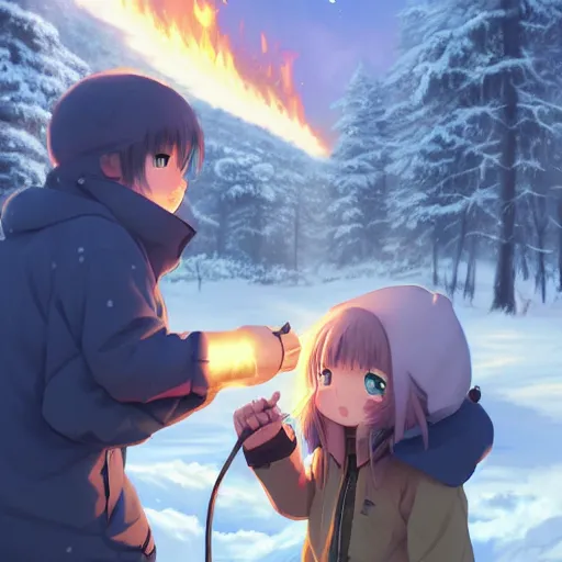 Image similar to yuru camp anime campfire hyperdetailed blue eyes, trending on artstation, cinematic lighting, highly realistically detailed, trending on pixiv , Unreal Engine 4k, detailed faces, manga cover, official anime key visual by greg rutkowski