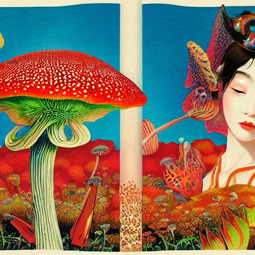 Image similar to a japanese psychedelic love goddess, a sense of awe, offering mushrooms, illustration, slime, amanita - muscaria, elegant, hyper realistic, super detailed, by tadanori yokoo