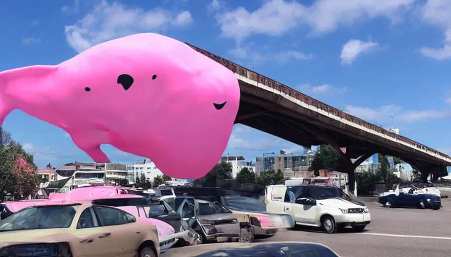 Prompt: a giant pink whale falling out of a blue sky onto cars on a busy bridge