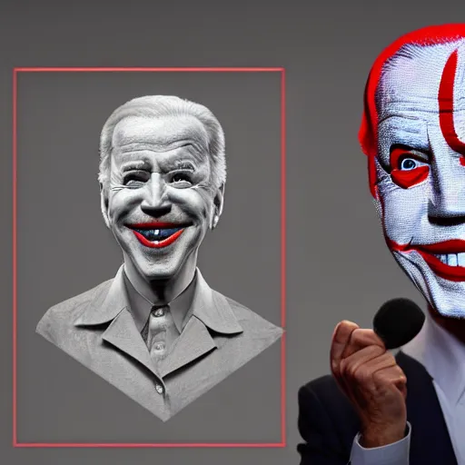 Image similar to joe biden as pennywise printing dollars, photo portrait, hyper realism, symmetry, awesome exposition, cnn news broadcast screen capture, very detailed, highly accurate, professional lighting diffracted lightrays, 8 k, sense of awe