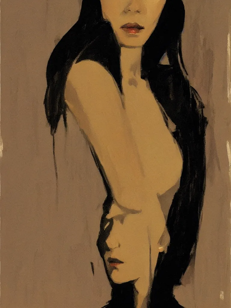 Image similar to portrait profile of one mysterious dark beautiful women in 1 9 7 8, oil painting by john watkiss