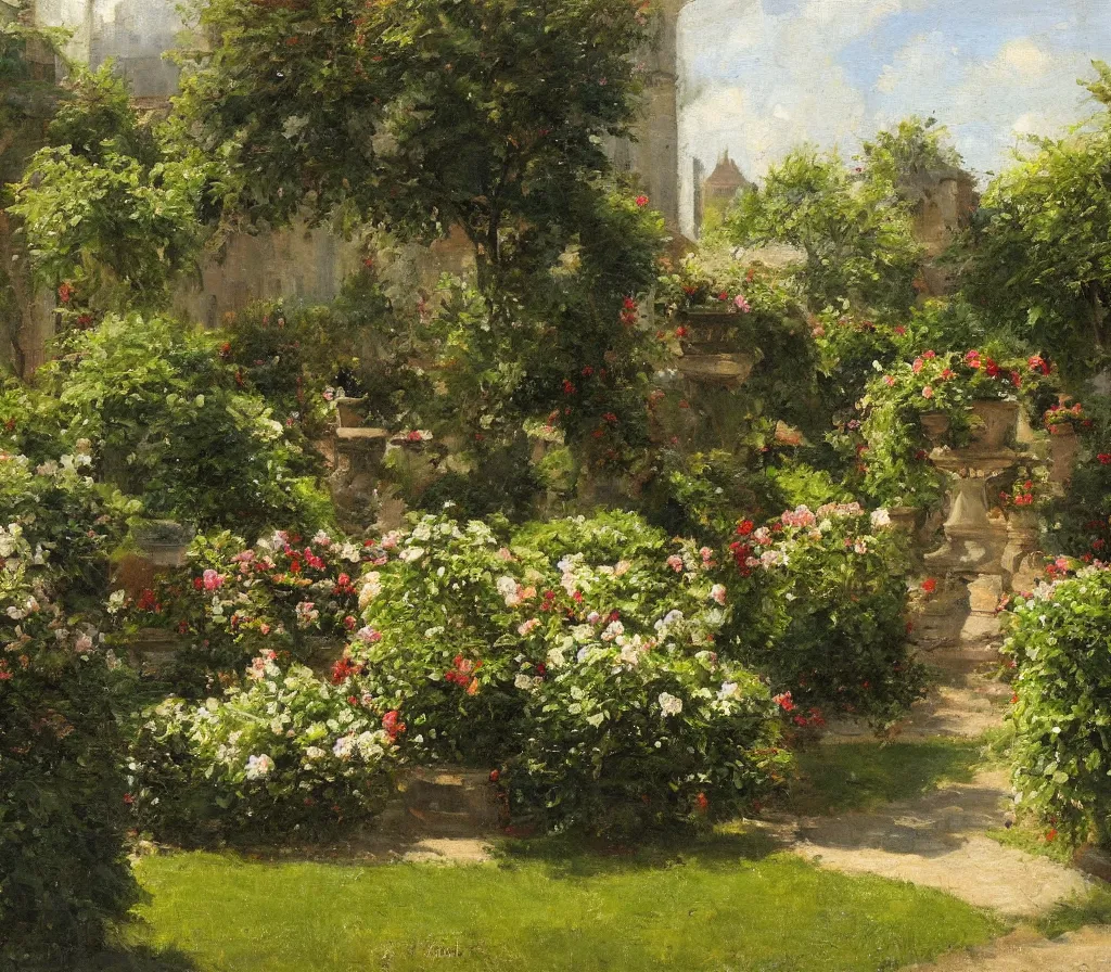 Image similar to Small garden with hedges, center fountain. history painting, artificial sun light, peaceful tiny walled garden, artstation, oil on canvas, by Albert Aublet, Private Collection