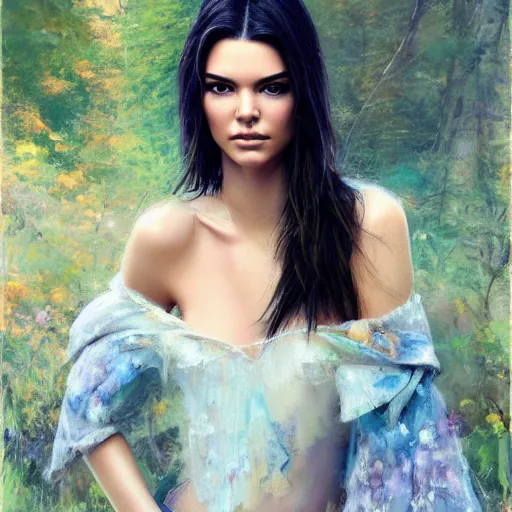 Image similar to fashion model kendall jenner by Ron English by Richard Schmid by Jeremy Lipking by moebius by atey ghailan