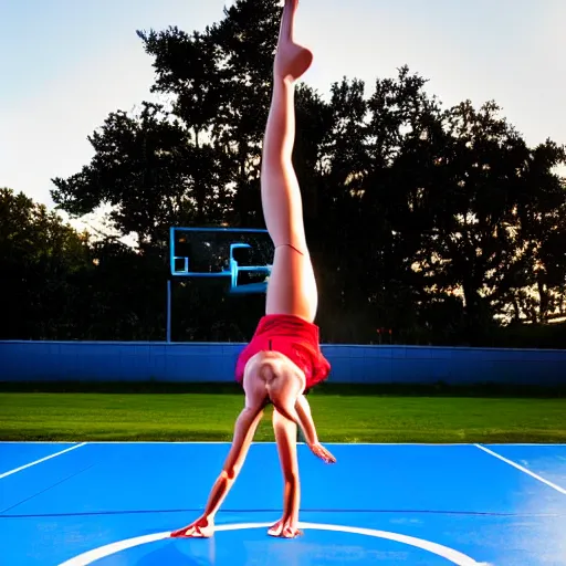 Image similar to a girl doing a handstand on the school basketball court, digital art, lens flare