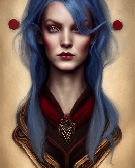 Prompt: a detailed matte oil on canvas head on symmetrical portrait of a distinguished elven woman with two - tone red blue hair by charlie bowater, lise deharme, wlop, trending on artstationhd, dungeons and dragons art critical role, half and half hair dye, split hair dye, two tone hair dye, dye hair