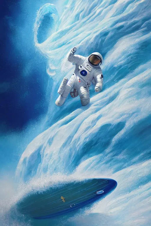 Image similar to a beautiful digital painting of an astronaut in a white and royal blue luxurious space suit surfing the great wave on a mecha surfboard at Pamukkale, thermal waters flowing down white travertine terraces by greg rutkowski, photorealistic, trending on artstation, highly detailed, intricate, unreal engine, octane render