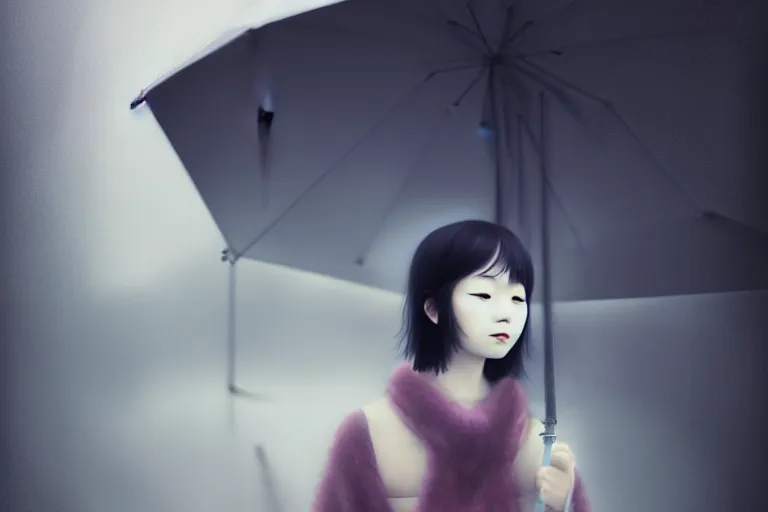 Image similar to surreal Portrait of japanese girl with transparent umbrella in dmt chromatic misty enviroment, elegant, highly detailed, smooth, photoreal, sharp focus, illustration, beautiful, geometric, dmt trending on artstation, cinematic, artwork by WLOP