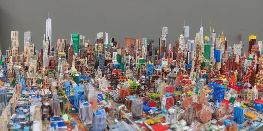 Prompt: a model of manhatten constructed out of fast food cups, straws and cardboard packaging, miniature photography, diorama, wide - angle macro lens, art, award - winning, beautiful high resolution