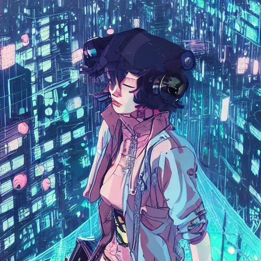 Prompt: very very high - angle, a grungy cyberpunk anime, very cute, by super ss, cyberpunk fashion, curly pink hair, night sky by wlop, james jean, victo ngai, highly detailed