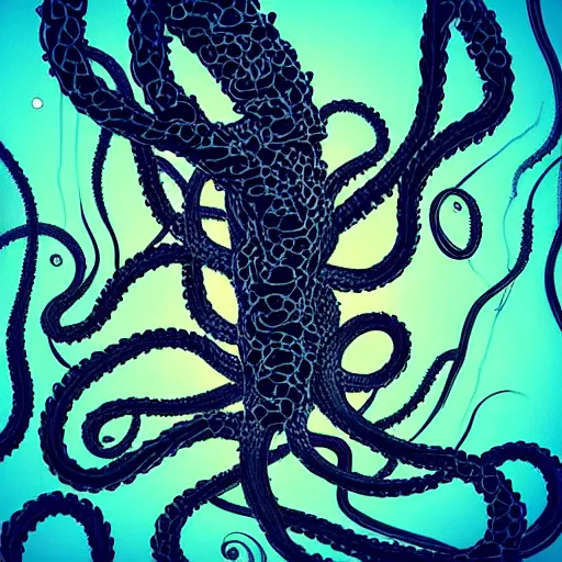 Image similar to “a swarm of dark tentacles underwater, beautiful digital art, deep abyss ocean floor, dark navy colored background”