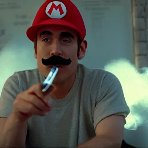 Image similar to Mario smoking a joint in an A24 film aesthetic