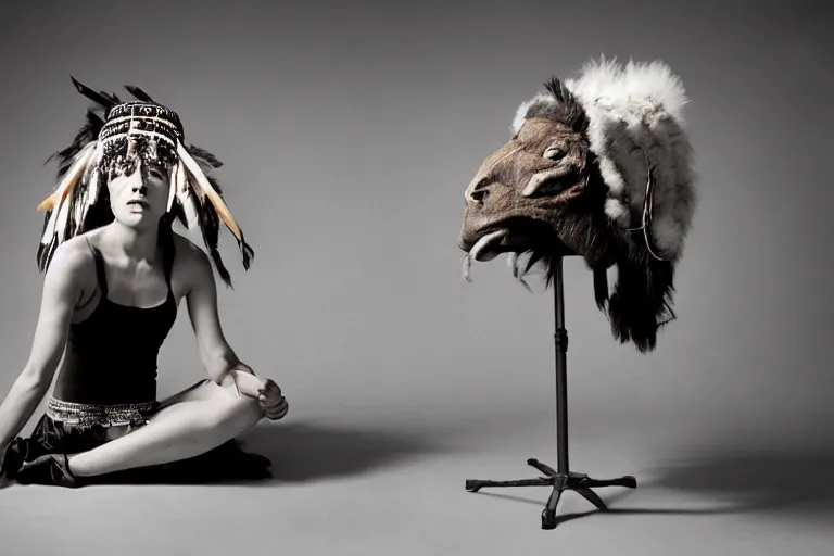 Image similar to a woman in a buffalo headdress sitting on the ground with one leg raised, cosplay, photoshoot, studio lighting, photograph by Bruce Weber