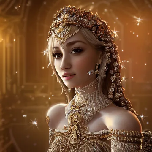 Image similar to portrait of pretty princess with perfect skin, glowing, ornate and intricate diamond jewelry, jaw dropping beauty, ornate and intricate backdrop, white accent lighting, hyper detailed, 4 k octane render