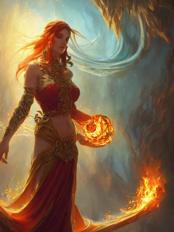 Prompt: summoner with a fire and water elemental, fantasy, world of warcraft, intricate, elegant, highly detailed, digital painting, artstation, concept art, wallpaper, smooth, sharp focus, illustration, art by artgerm and greg rutkowski and alphonse mucha