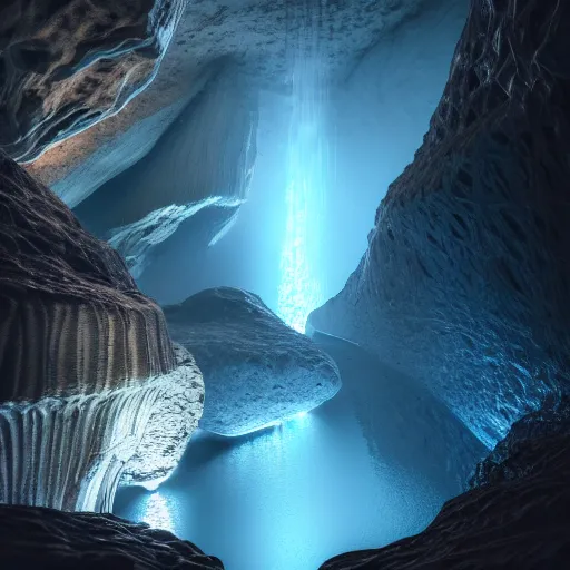 Prompt: light is mine to travel,beyond time ,the cathedrals in a underground vast cave canyon grotto of life the beginning , geological strata,ground mist, falling water,deep clear pools of water, hypermaximalist,micro details, 3d sculpture,,digital rendering,octane render , 4k, artstation, concept art ,amazing lighting, f32,deep depth of field,photographic, wide angle,cinematic lighting