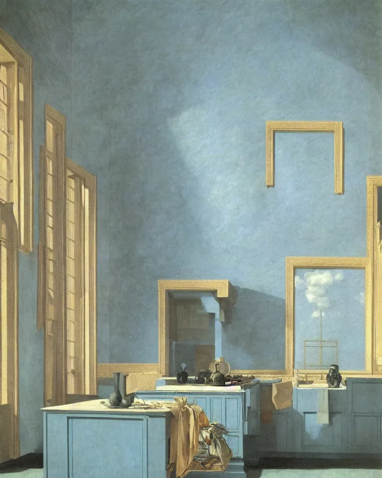 Image similar to achingly beautiful painting of a sophisticated kitchen on baby blue background by rene magritte, monet, and turner. giovanni battista piranesi.