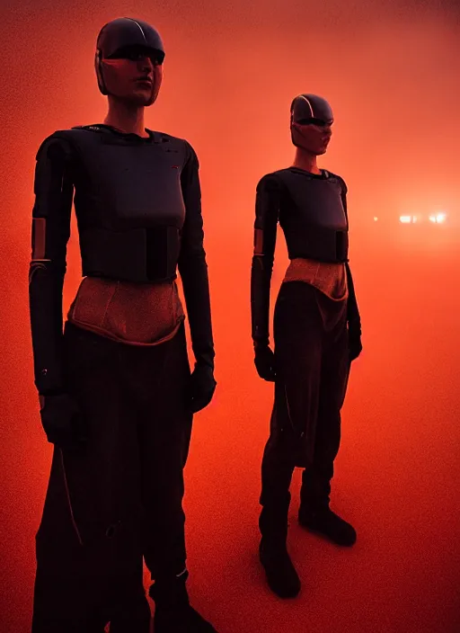 Image similar to cinestill 5 0 d photographic portrait by steve mccurry of two loving female androids wearing rugged black mesh techwear in a brutalist compound with a red sky, extreme closeup, cyberpunk style, dust storm, 8 k, hd, high resolution, 3 5 mm, f / 3 2, ultra realistic faces, ex machina