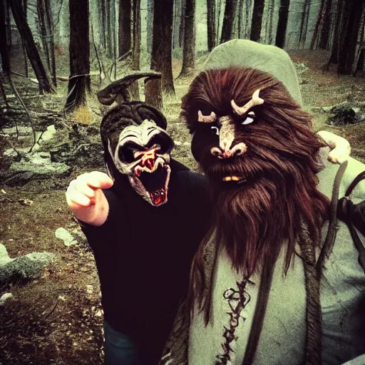 Prompt: selfie sorrounded by krampus in a dolomite forest, dark, eerie