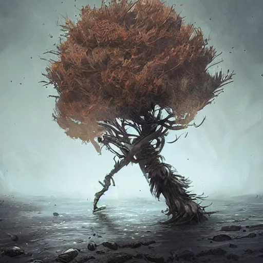 Prompt: Popeye style crab shooting a tree , dark surrealism, Greg Rutkowski