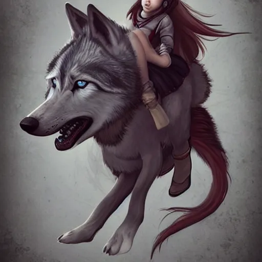 Prompt: a girl riding a wolf, trending on artstation