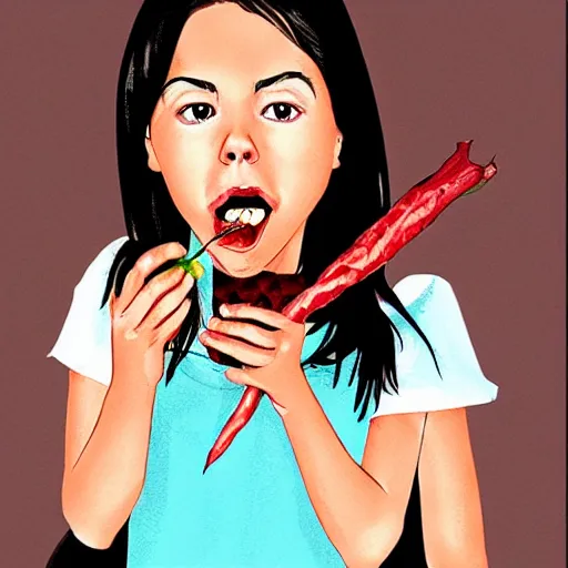 Image similar to young vampire aubrey plaza eating a clove of garlic, art by sam yang