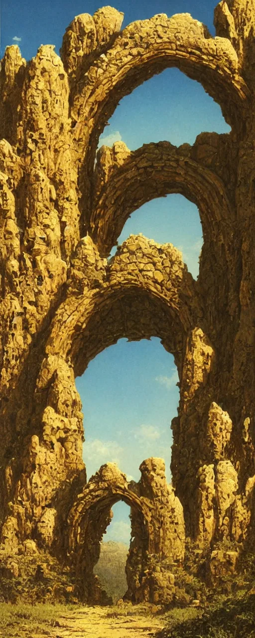 Image similar to A large stone archway, archway, through which can be seen a desolate savannah, by Bruce Pennington