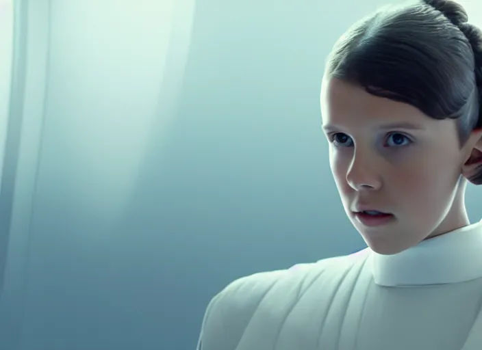 Prompt: film still of!!!! millie bobby brown!!! as princess leia in star wars movie, closeup portrait, wearing long white robe, deep focus, exploring interior of a spaceship, glamour pose, dramatic lighting, octane, mist, volumetric lighting, 8 k