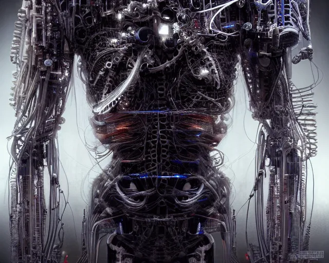 Image similar to photo of a biomechanical torso of a cyborg plugged into a quantum computer with cables and wires and optic fibers. cyberpunk horror style. art by luis royo. highly detailed 8 k. intricate. nikon d 8 5 0 5 5 mm. award winning photography.