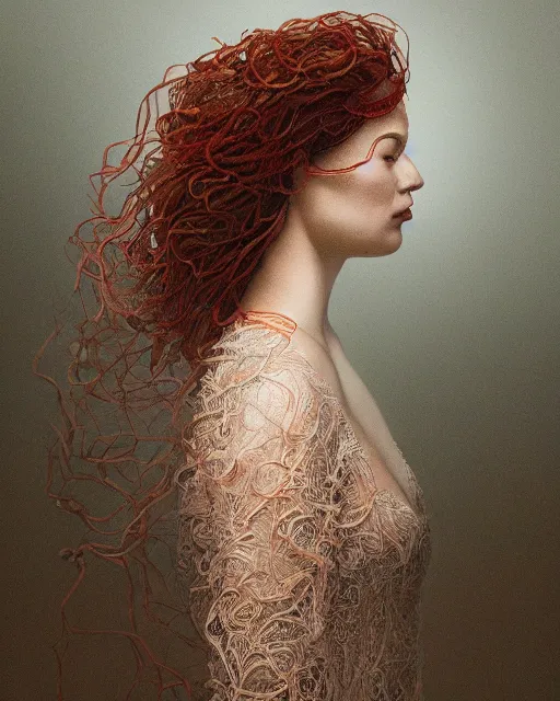 Image similar to a woman's face in profile, long flowing hair entwined in a coral reef, made of intricate decorative lace leaf, in the style of the dutch masters and gregory crewdson, dark and moody