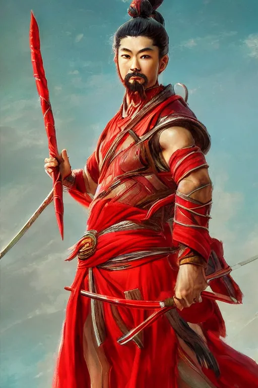 Image similar to a masterpiece portrait of nezha, red cloth around his shoulders, hold spear, cinematic, fantasy character portrait, highly detailed, by ne zha ( 2 0 1 9 ), fenghua zhong,