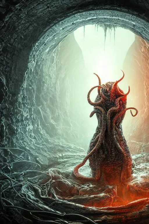 Prompt: realistic photo of a lovecraft creature in a hell gate portal, filaments, translucent, photorealistic, hyperrealism, high resolution, ultra - detailed, by marc simonetti, natural volumetric lighting, realistic 4 k octane beautifully detailed render, 4 k post - processing