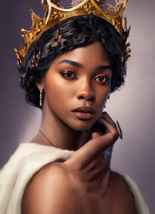 Image similar to portrait of a stunningly beautiful young black woman wearing a crown, highly detailed, digital painting, artstation, concept art, sharp focus, illustration, art by artgerm and greg rutkowski and alphonse mucha, incredibly beautiful and symmetrical face, incredibly detailed, award winning art, royal